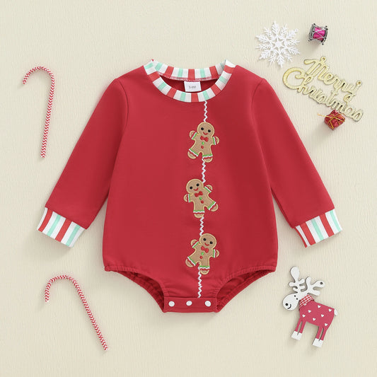 Baby Boys Girls Christmas Gingerbread Embroidery Romper Long Sleeve Crew Neck Bubble Infant Jumpsuit