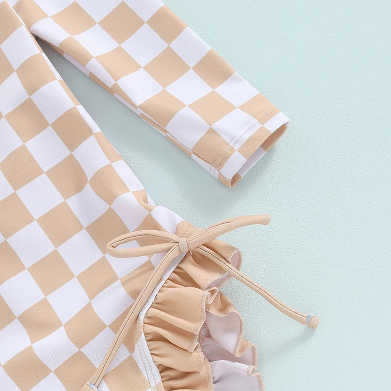 Baby Toddler Girls Beach Swimwear Long Sleeve Checkerboard Plaid Print Ruffle Romper Bathing Suit
