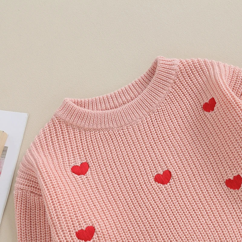 Baby Girl Knit Sweater Heart Embroidery Pullover Valentine's Day Clothes Top