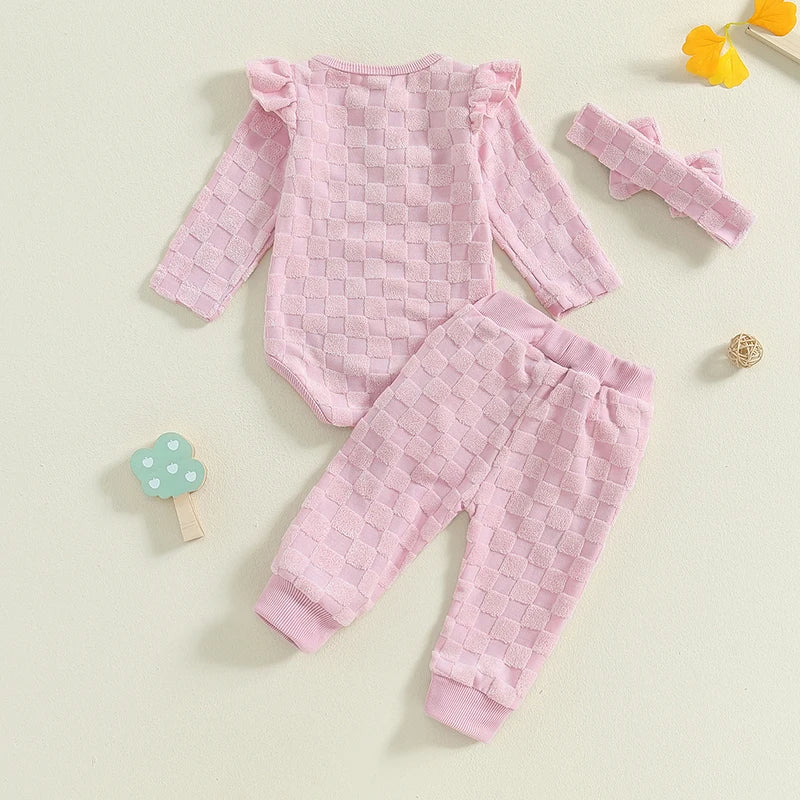 Baby Girls 3Pcs Set Checkered Button Long Sleeve Round Neck Ruffled Romper Long Pants Hair Band Outfit