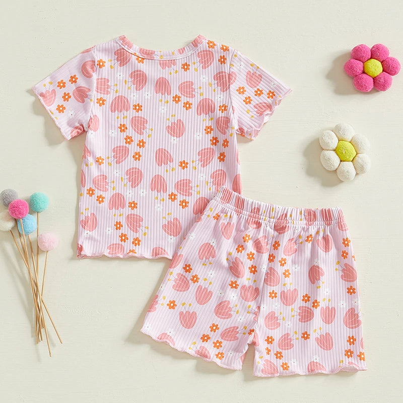 Baby Toddler Girls 2Pcs Ribbed Shorts Set Bow Heart Print Short Sleeve Round Neck Top Elastic Waistband Shorts