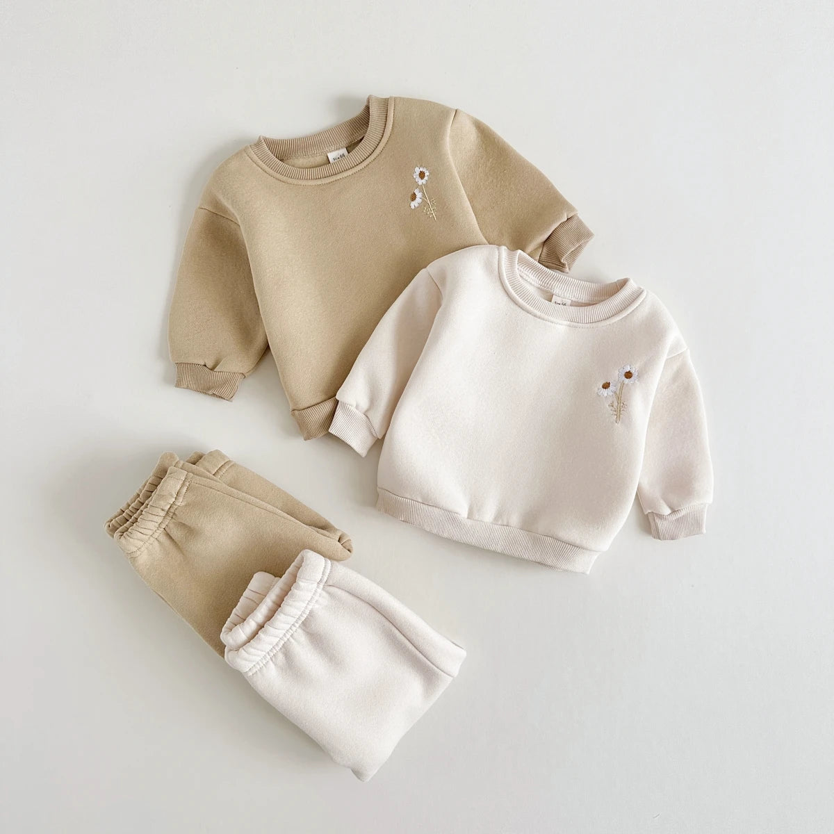 Baby Toddler Girls 2Pcs Long Sleeve Crewneck Top Flowers Embroidery + Pants Jogger Set Outfit