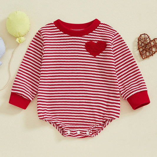 Baby Boys Girls Valentine's Day Romper Long Sleeve Crew Neck Heart Stripes Jumpsuit Valentines