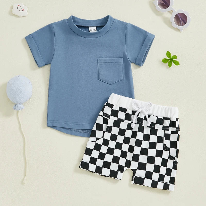 Baby Toddler Boys 2Pcs Summer Outfit Solid Color Short Sleeve Top T-Shirt Checkered Shorts Set