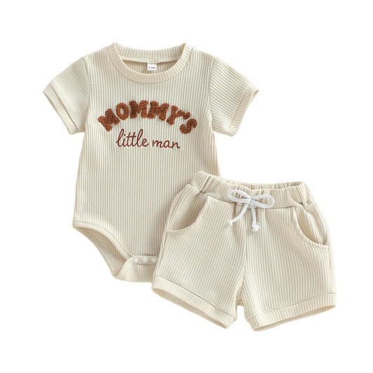 Baby Boy 2Pcs Mommy's Little Man Summer Outfit Letter Embroidery Short Sleeve Crew Neck Romper Solid Elastic Waist Shorts 2 Piece Set