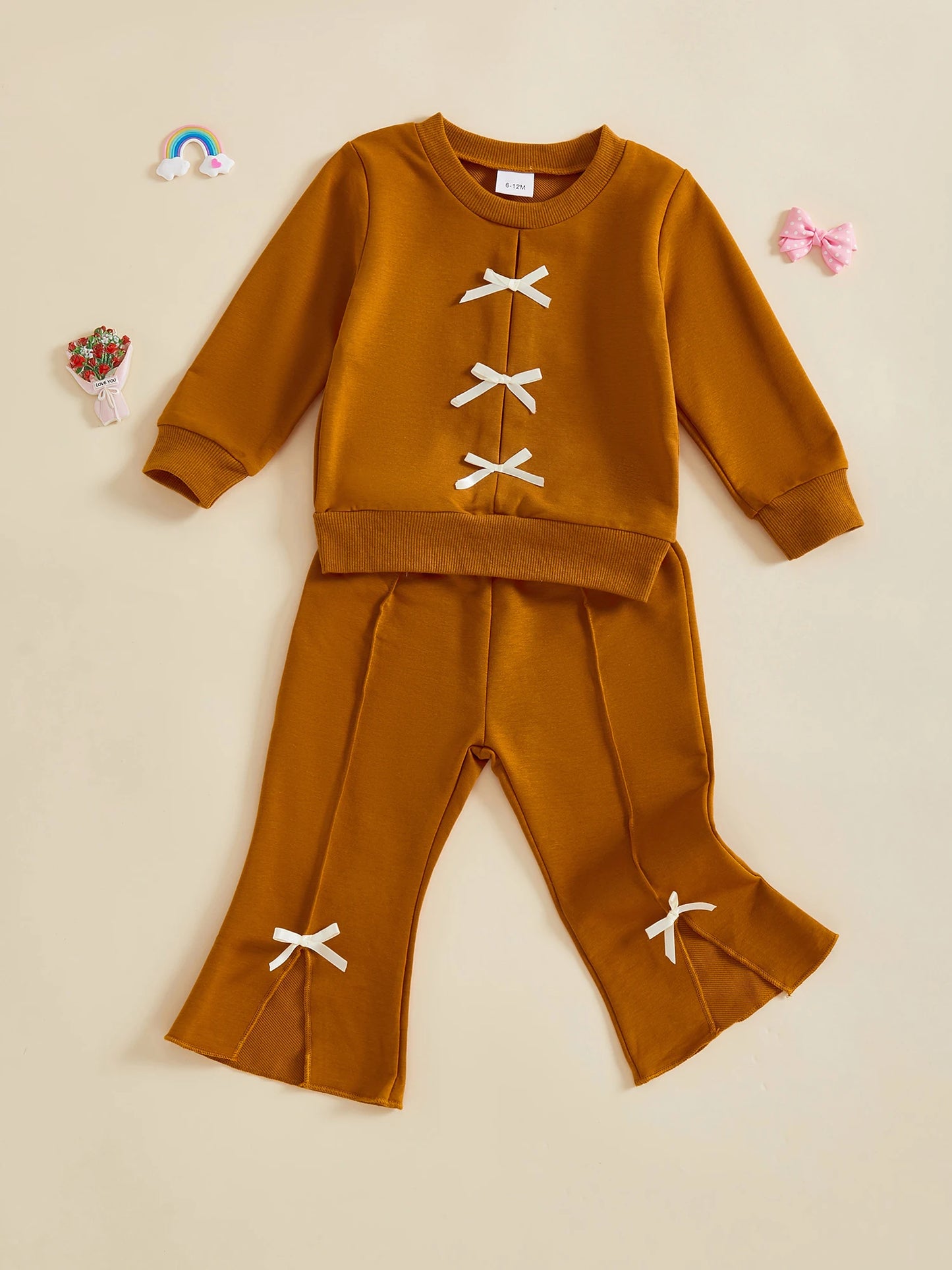 Baby Toddler Girl 2Pcs Fall Outfit Bow Decor Long Sleeve Round Neck Pullover Top + Elastic Waist Flare Pants 2Pcs Set