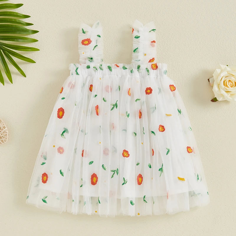 Baby Toddler Girls Princess Dress Sleeveless Flower Embroidery A-line Tulle Tank Top Dresses Clothes