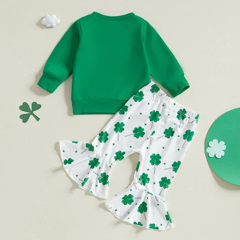 Baby Toddler Girls 2Pcs Lucky St. Patrick's Day Outfit Four Leaf Clover Long Sleeve Crewneck Top and Elastic Flare Pants Set Clothes