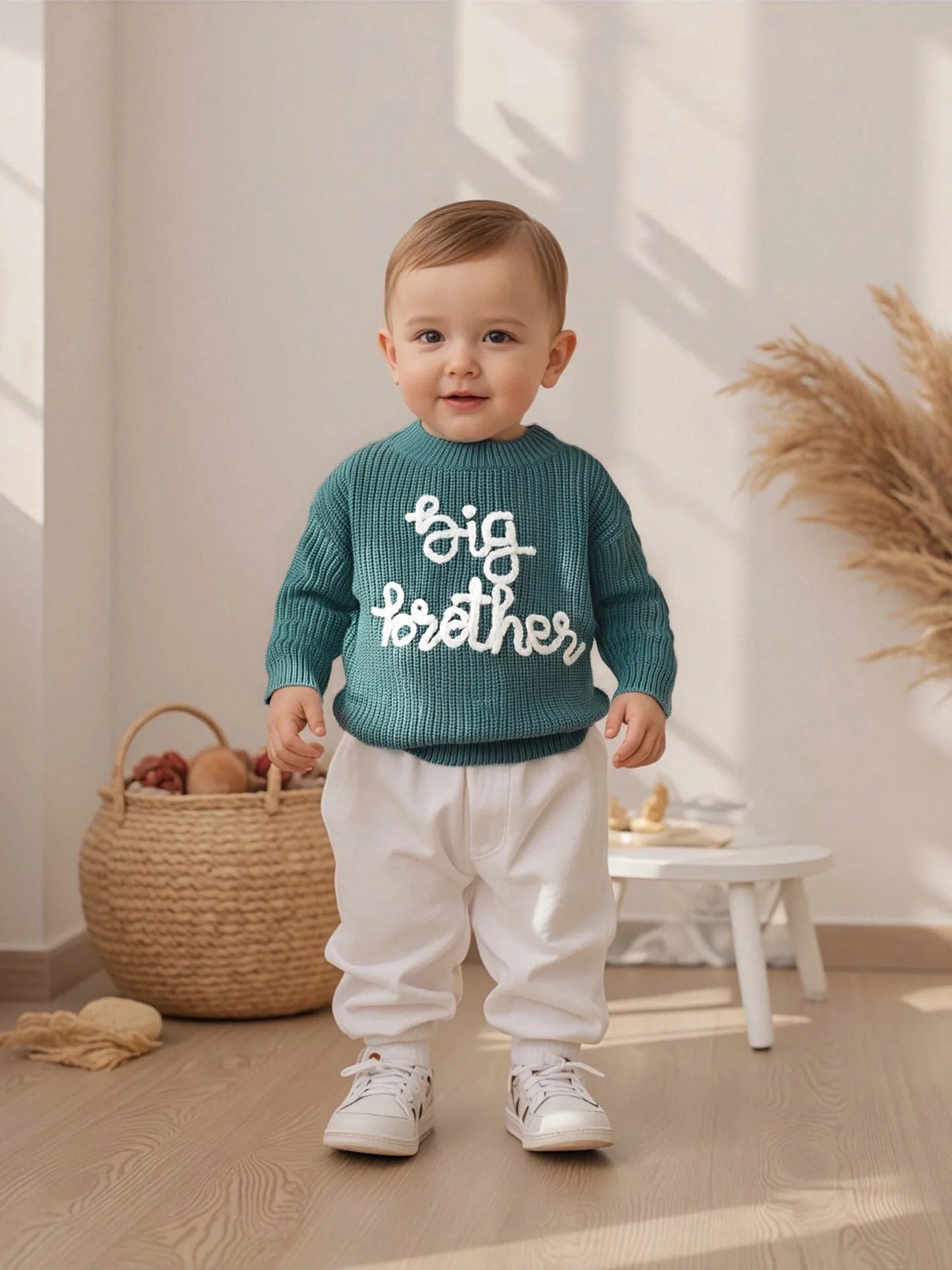 Toddler Boy Big Brother Fall Sweater Letter Embroidered Crewneck Long Sleeve Pullover Chunky Knit Tops