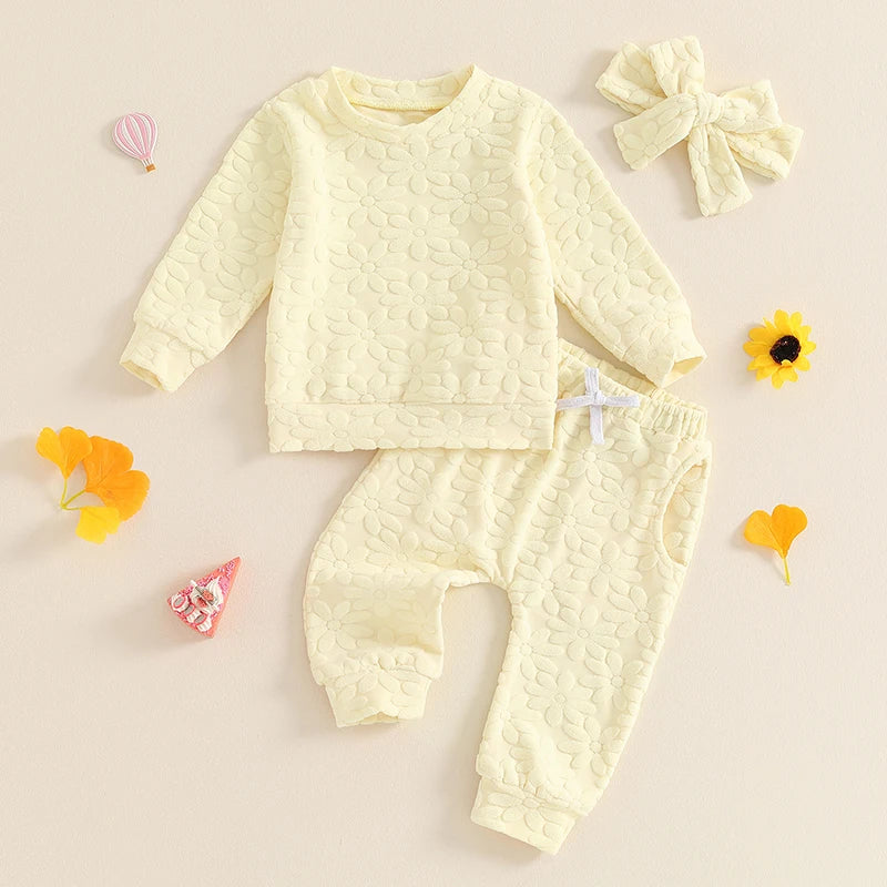 Baby Toddler Girls 3Pcs Fall Outfit Daisy Flower Embroidery Long Sleeve Top with Elastic Waist Pants Headband Set