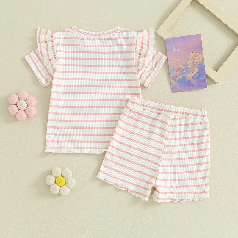 Toddler Baby Girl 2Pcs Summer Stripes Outfit Waffle Frilly Short Sleeve Top Shorts Set