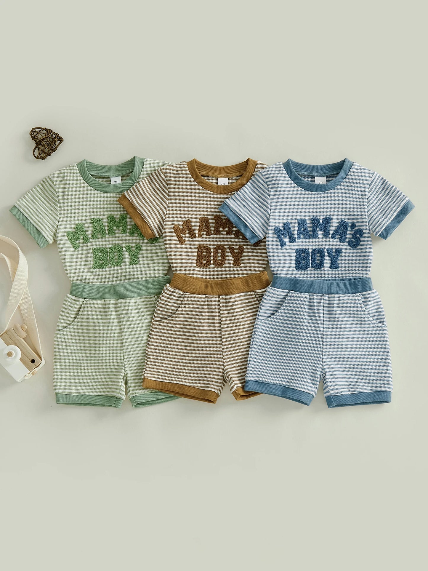 Baby Boy 2Pcs Mama's Boy Summer Set Striped Letter Embroidery Short Sleeve Romper and Shorts 2 Piece Outfit
