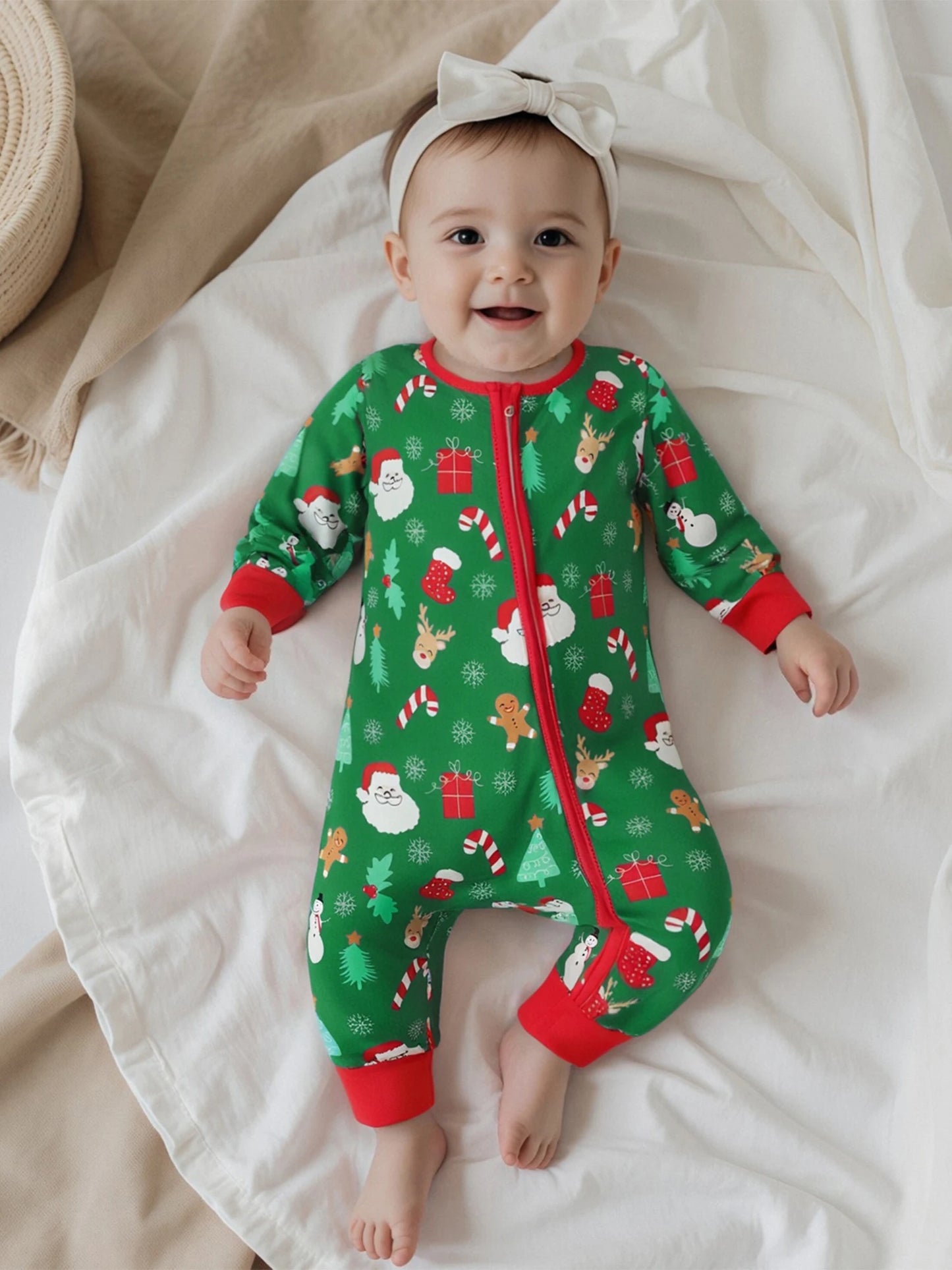 Baby Boys Girls Christmas Zipper Romper Reindeer Santa Print Zip Up Long Sleeve Round Neck Jumpsuit