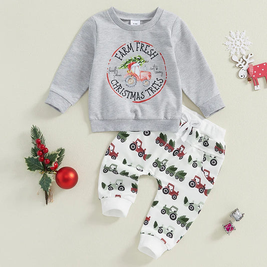 Baby Toddler Boy 2Pcs Farm Fresh Christmas Trees Outfit Letter Print Long Sleeve Top and Tractor Truck Print Pants Jogger Set