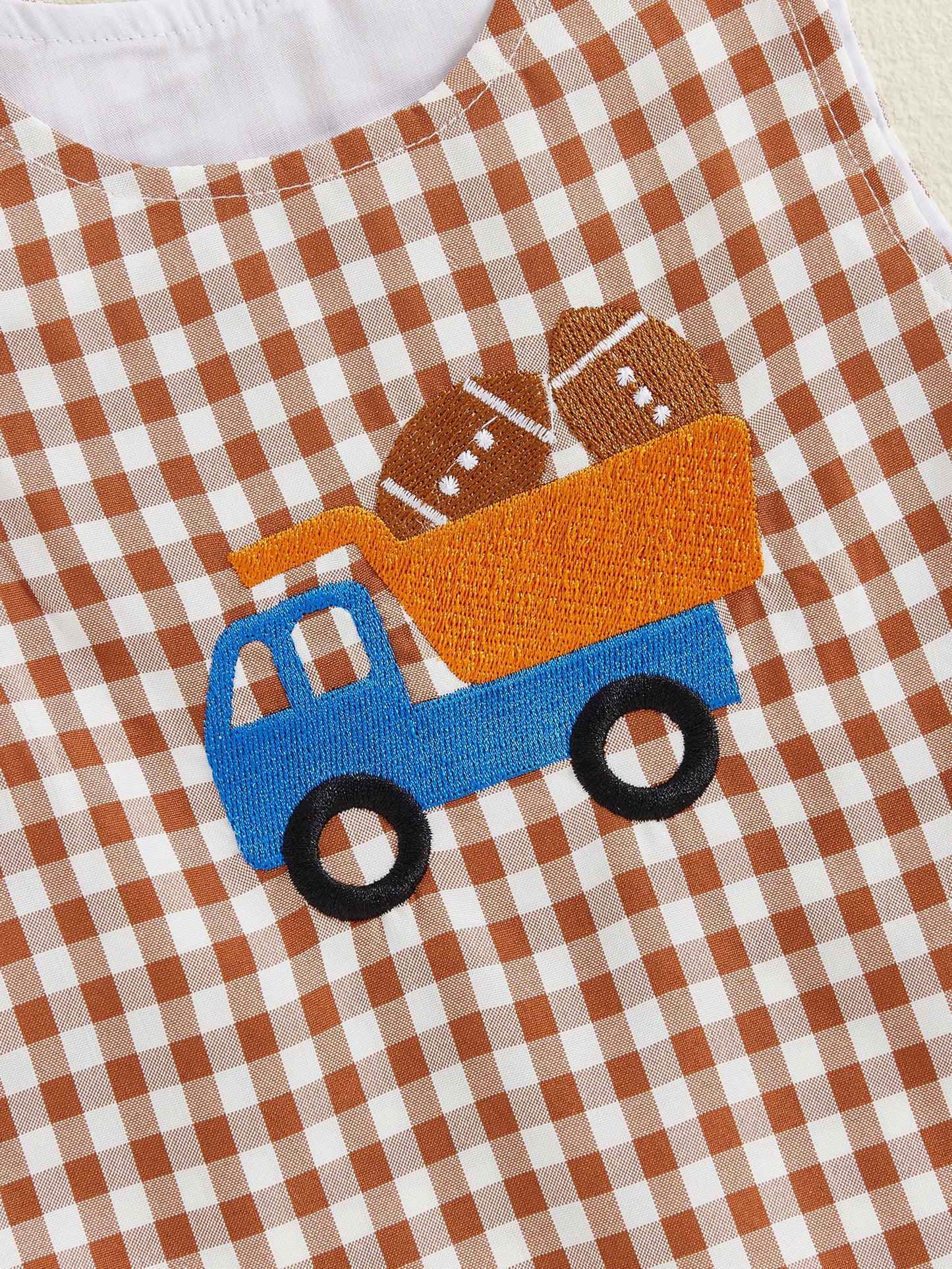 Baby Boy 2Pcs Fall Outfit Crew Neck Long Sleeve Romper and Truck Football Embroidery Plaid Overall Pants Set