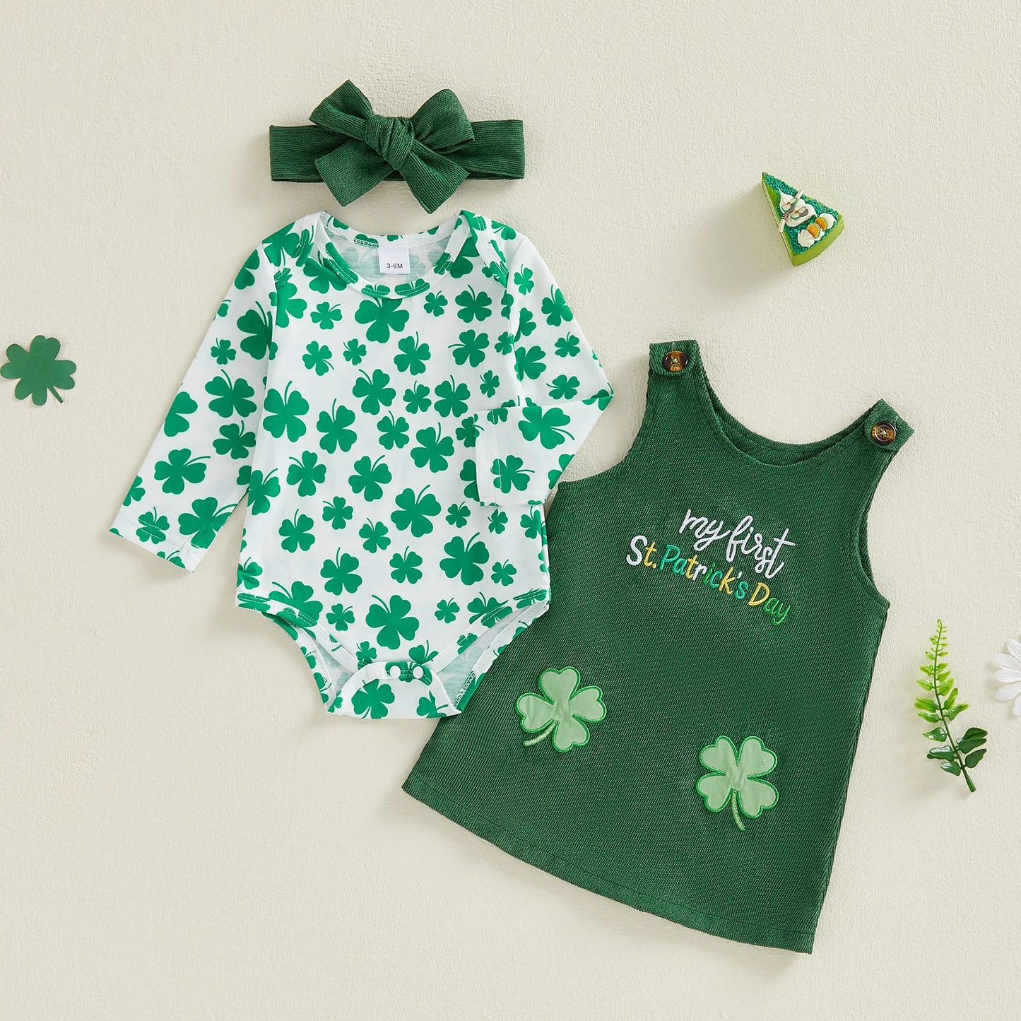 Baby Girls 3Pcs Spring Outfit My First St. Patrick's Day Long Sleeve Romper Shamrock Overall Dress Headband Set