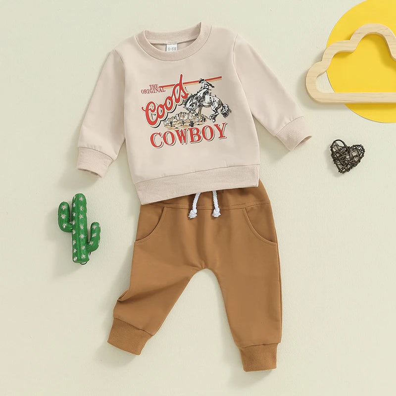 Baby Toddler Boys 2Pcs I Run The Rodeo Cowboy Clothes Set Long Sleeve Crew Neck Letters Western Cow Print Top with Elastic Waist Pants Set