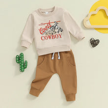 Load image into Gallery viewer, Baby Toddler Boys 2Pcs I Run The Rodeo Cowboy Clothes Set Long Sleeve Crew Neck Letters Western Cow Print Top with Elastic Waist Pants Set
