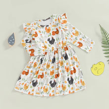 Load image into Gallery viewer, Baby Toddler Kids Girls Autumn A-line Princess Dress Long Sleeve Crewneck Ruffle Shoulder Chicken Print Thanksgiving Dress
