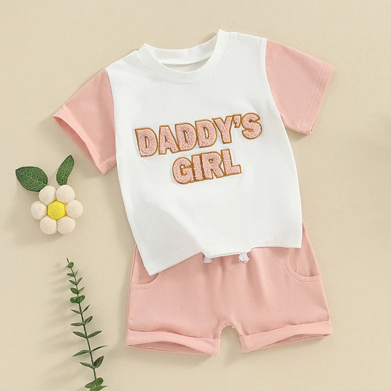 Toddler Baby Girls 2Pcs Daddy's Girl Spring Summer Set Fuzzy Letter Embroidery Short Sleeve Top Drawstring Shorts Outfit