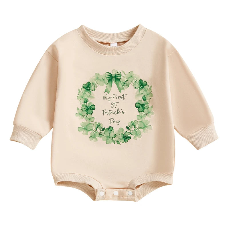 Baby Boy Girl My First St. Patrick's Day Bodysuit Clover Wreath Print Long Sleeve Bubble Romper Spring Clothes