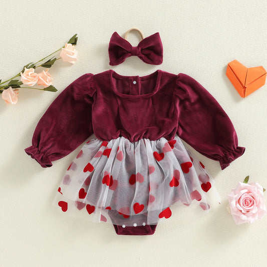Baby Girls 2Pcs Valentine's Day Romper Dress Long Sleeve Heart Print Tulle Skirt Jumpsuits Headband Bow Set