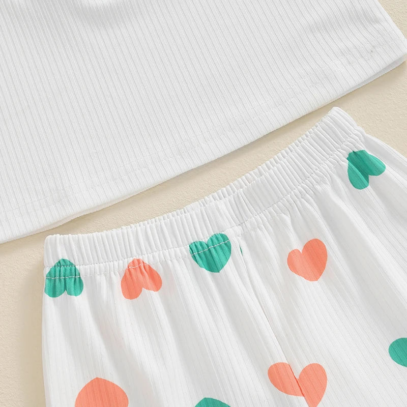 Baby Toddler Girls 3Pcs Summer Outfit Heart Patch Fly Sleeve Ribbed Top Heart Print Ruffle Shorts Headband Set