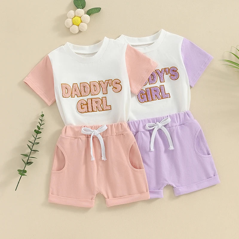 Toddler Baby Girls 2Pcs Daddy's Girl Spring Summer Set Fuzzy Letter Embroidery Short Sleeve Top Drawstring Shorts Outfit