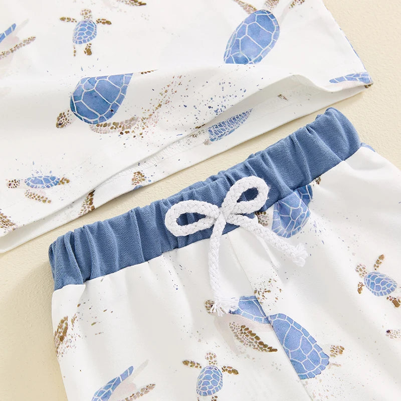 Baby Toddler Boys 2Pcs Summer Outfit Ocean Turtle Print Short Sleeve Top Elastic Waist Shorts Clothes Set