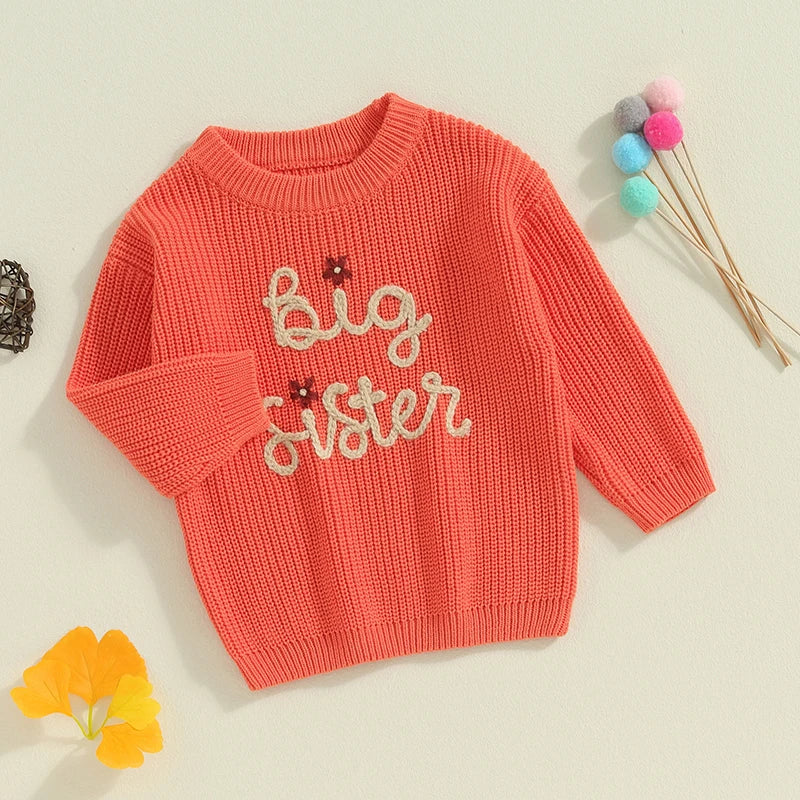 Baby Toddler Kids Girls Big Sister Autumn Winter Knit Sweater Long Sleeve O Neck Letter Embroidery Pullover Knitwear Top