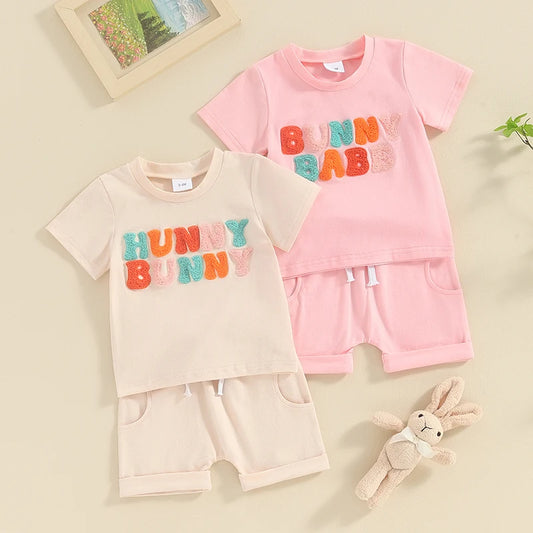 Toddler Baby Girls 2Pcs Easter Bunny Babe / Hunny Bunny Shorts Sets Short Sleeve Letter Embroidery Top Solid Color Shorts Outfit