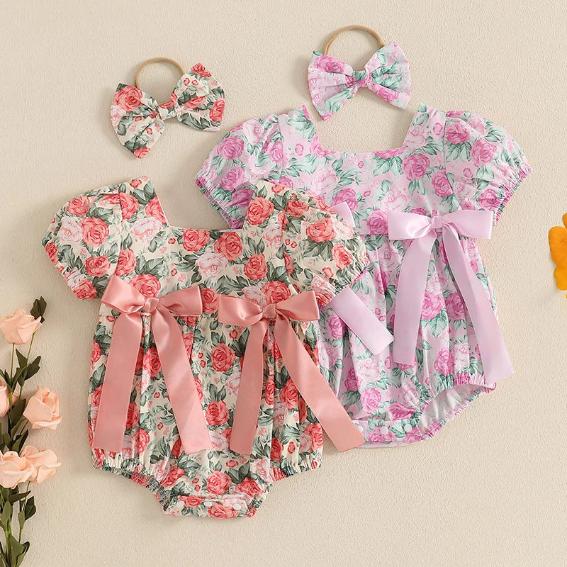 Baby Girls 2Pcs Romper Floral Print Short Sleeve Bodysuit Jumpsuit with Bow Headband Set