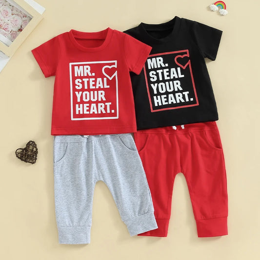 Baby Toddler Boy 2Pcs Valentine's Day Outfit Mr. Steal Your Heart Letter & Heart Print Short Sleeve Top with Solid Color Long Pants Set