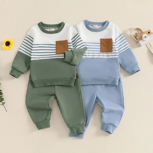 Baby Toddler Boys 2Pcs Outfit Long Sleeve Stripes Top with Elastic Waist Pants Fall Jogger Set