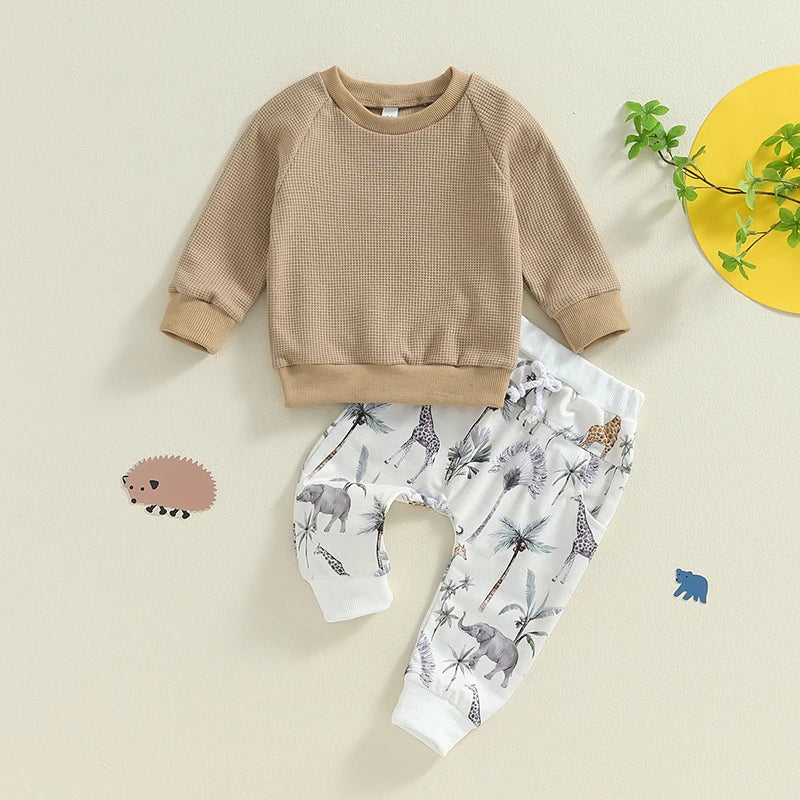 Baby Toddler Boys 2Pcs Fall Outfit Waffle Long Sleeve Round Neck Top and Animal Elephant Dinosaur Pattern Pants Set