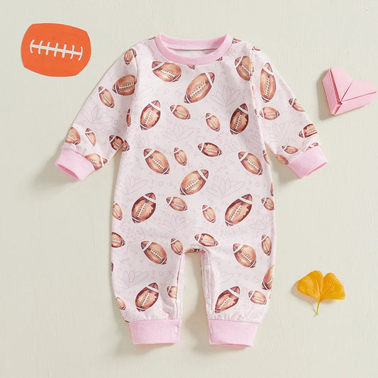 Baby Girls Crewneck Fall Romper Football Print Long Sleeve Jumpsuit