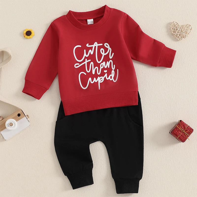 Baby Toddler Boys 2Pcs Cuter Than Cupid Valentine's Day Jogger Set Letter Print Long Sleeve Round Neck Top Pockets Long Pants Outfit Valentines