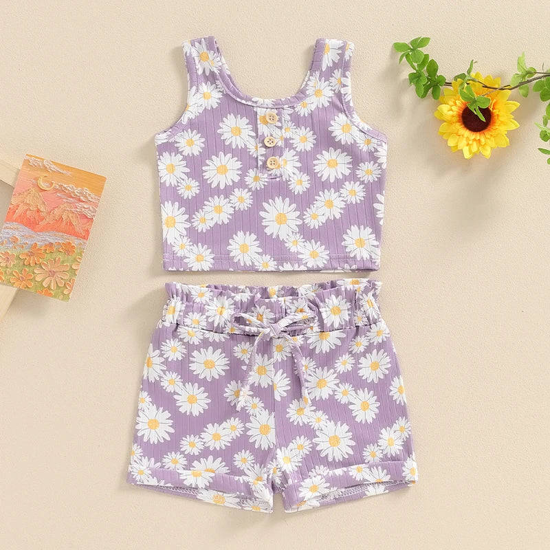 Baby Toddler Girls 2Pcs Daisy Flower Print Sleeveless Crew Neck Tank Top and Matching Shorts Summer Outfit Set