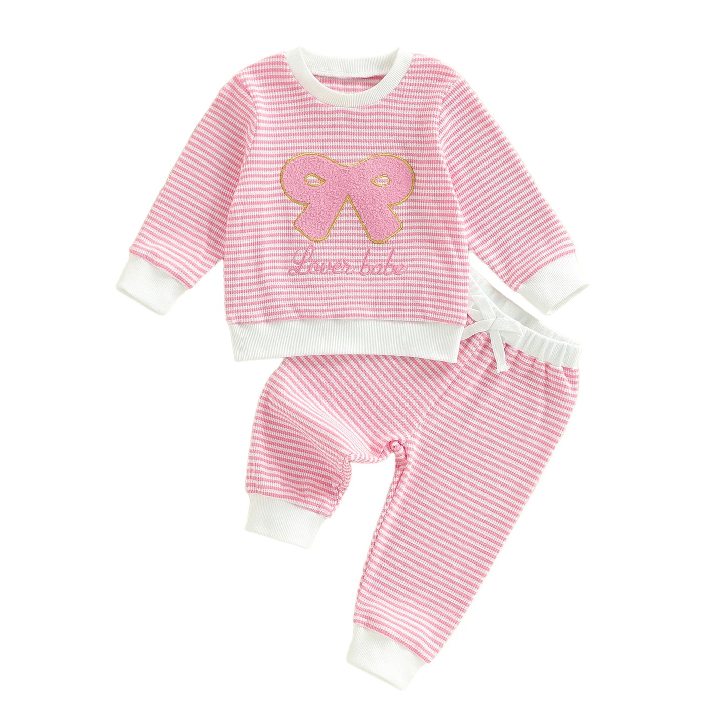Baby Toddler Girl 2Pcs Valentine's Day Outfit Striped Bow Letter Be Mine / Love Embroidered Long Sleeve Top and Pants 2 Jogger Set