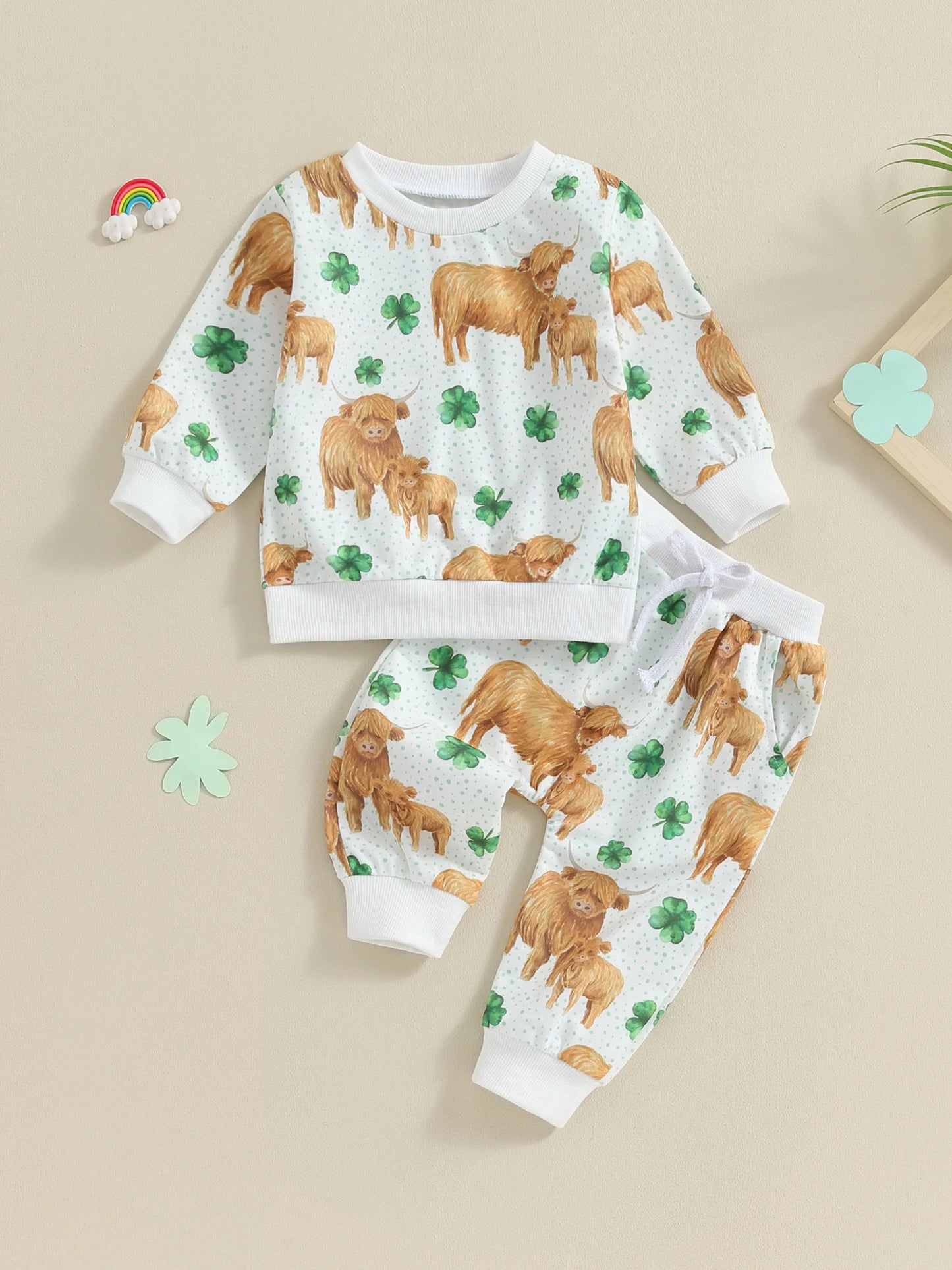 Toddler Baby Girl Boy 2Pcs St. Patrick's Day Outfits Long Sleeve Top Four Leaf Clover Shamrock Cow Print with Pants Set