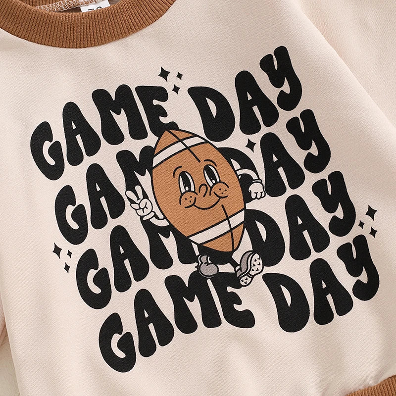 Baby Toddler Boys 2Pcs Game Day Set Long Sleeve Crew Neck Letter Football Print Top with Elastic Waist Pants Outfit