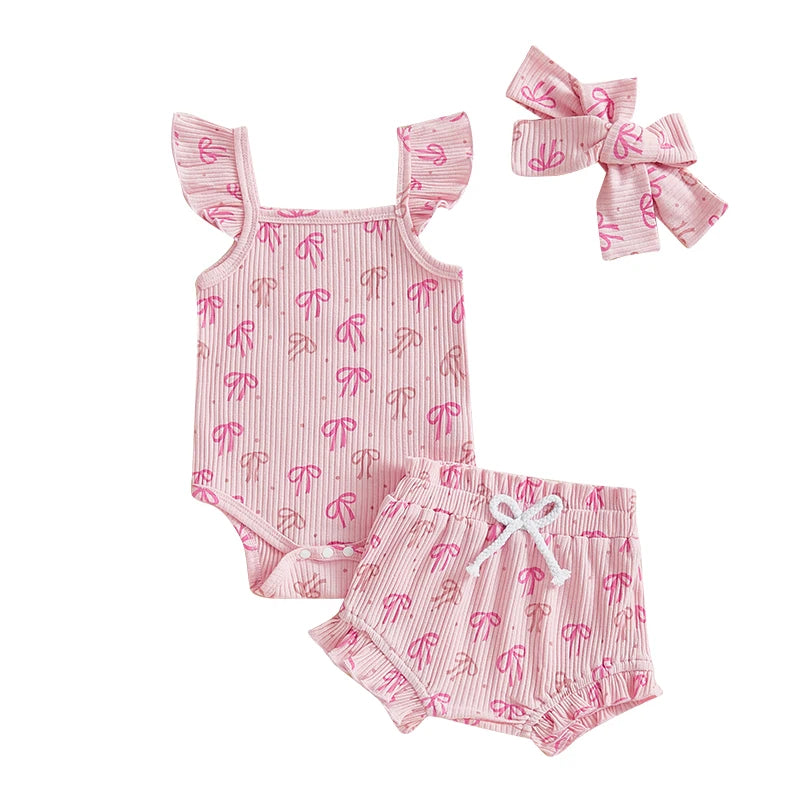 Baby Girls 3Pcs Summer Set Bow Print Fly Sleeve Romper Elastic Waist Ruffle Shorts Headband Outfit Clothes Spring