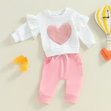 Load image into Gallery viewer, Baby Toddler Girls 2Pcs Outfit Heart Embroidery Ruffles Long Sleeve Top and Elastic Pants Set
