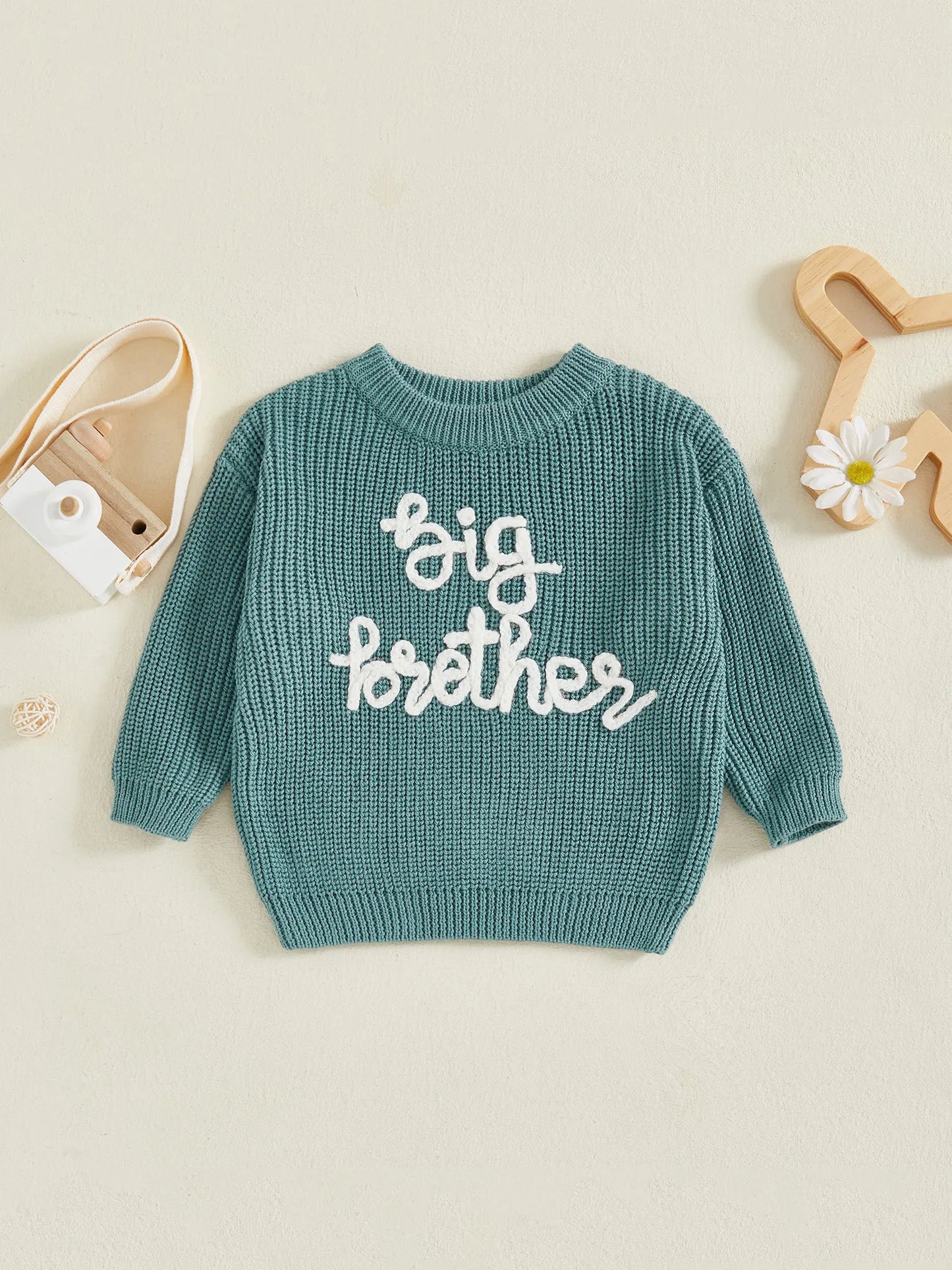 Toddler Boy Big Brother Fall Sweater Letter Embroidered Crewneck Long Sleeve Pullover Chunky Knit Tops