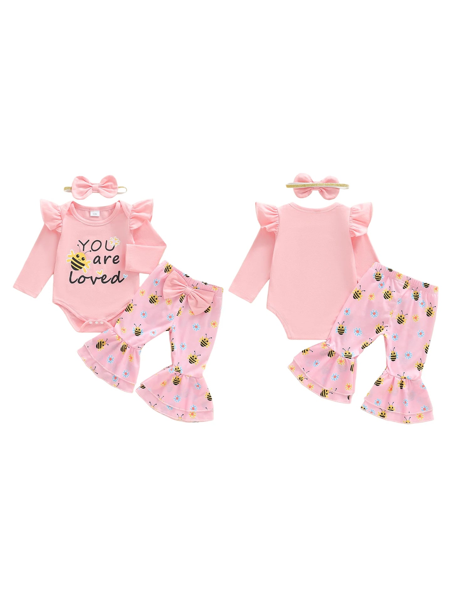 Baby Girls 3Pcs You Are Loved Long Sleeve O Neck Letter Bee Print Romper Flared Pants Headband Set