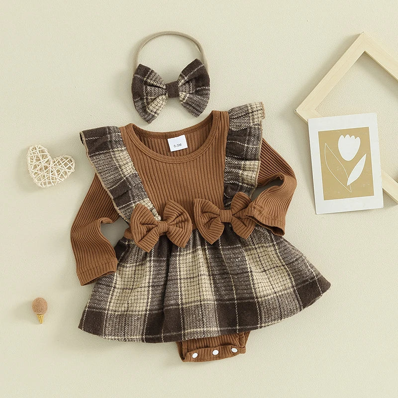 Baby Girls 2Pcs Autumn Romper Dress Long Sleeve Ruffle Houndstooth / Plaid Print Romper Overall Skirt With Headband Set