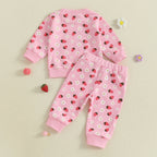 Baby Toddler Girl 2Pcs Fall Outfit Strawberry Flower Print Crew Neck Long Sleeve Top with Jogger Pants Set