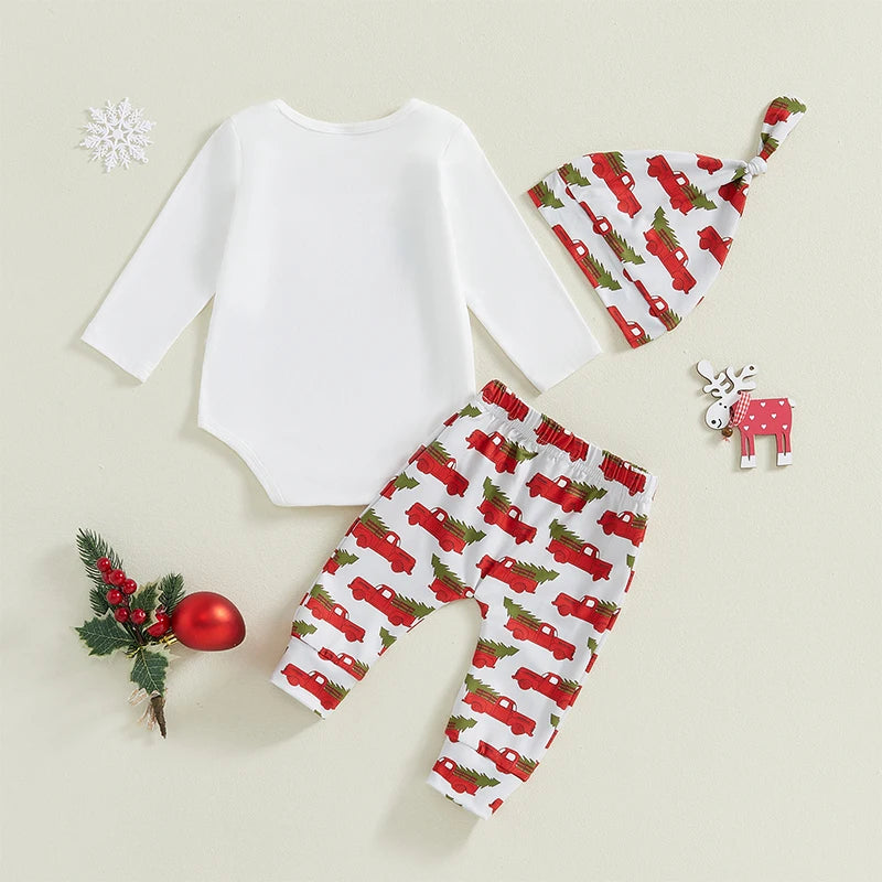 Baby Girls Boys 3Pcs My First 1st Christmas Outfit Long Sleeve Truck Tree Print Romper + Pants + Hat Set