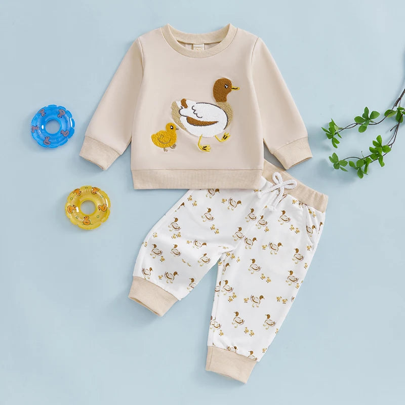 Baby Toddler Boys Girls 2Pcs Outfit Long Sleeve Round Neck Duck Embroidery Top Drawstring Pants Fall Jogger Set