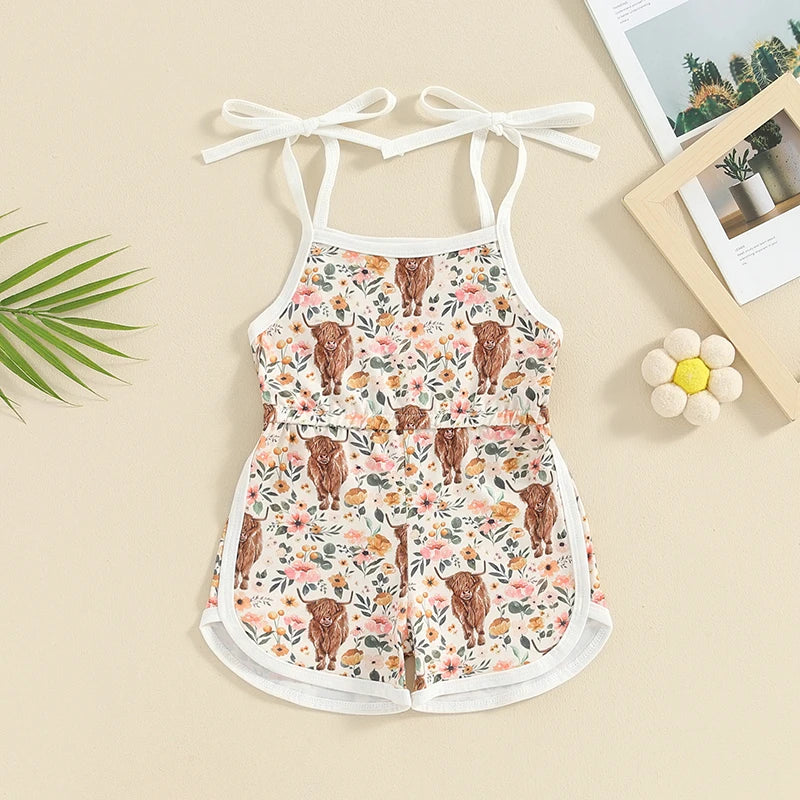 Baby Toddler Girl Western Shorts Romper Floral Flowers Cattle Highland Cow Print Sleeveless Sling Tie-Up Tank Top Overalls Jumpsuit